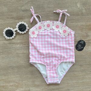Nicole Miller Pink Gingham Floral One Piece Swimsuit Sunglasses 18 months